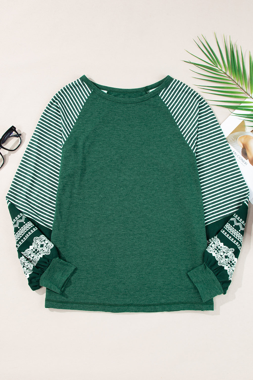 Navy Blue Contrast Print Striped Raglan Long Sleeve Loose Top