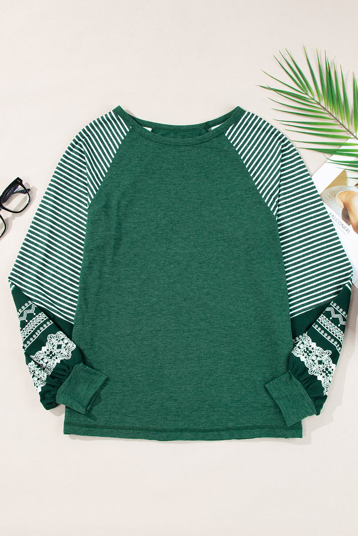 Navy Blue Contrast Print Striped Raglan Long Sleeve Loose Top