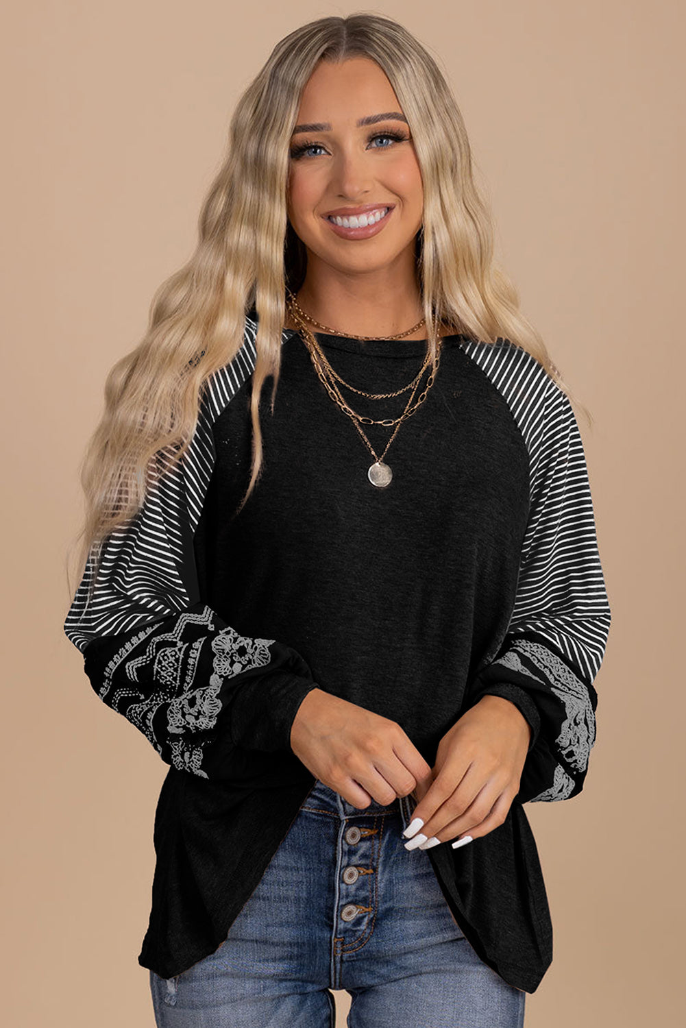 Navy Blue Contrast Print Striped Raglan Long Sleeve Loose Top