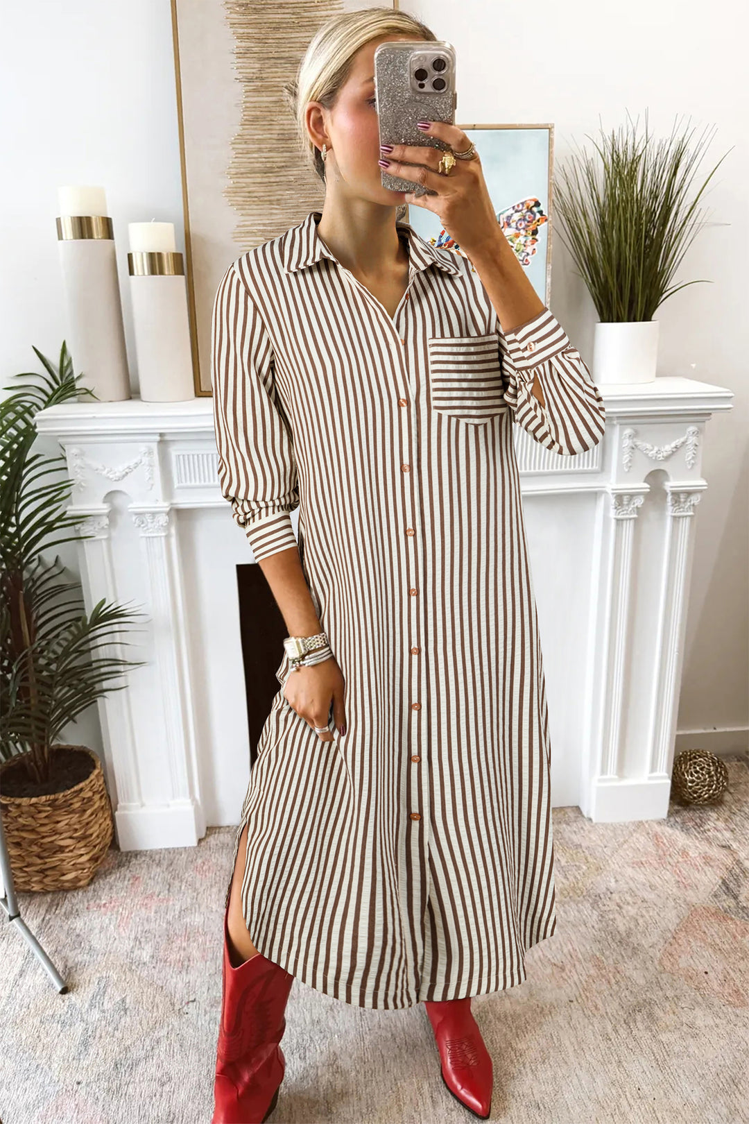 Brown Stripe Textured 3/4 Sleeve Round Hem Split Midi Shirt Dress - Lulubelles Clothing and Accessories