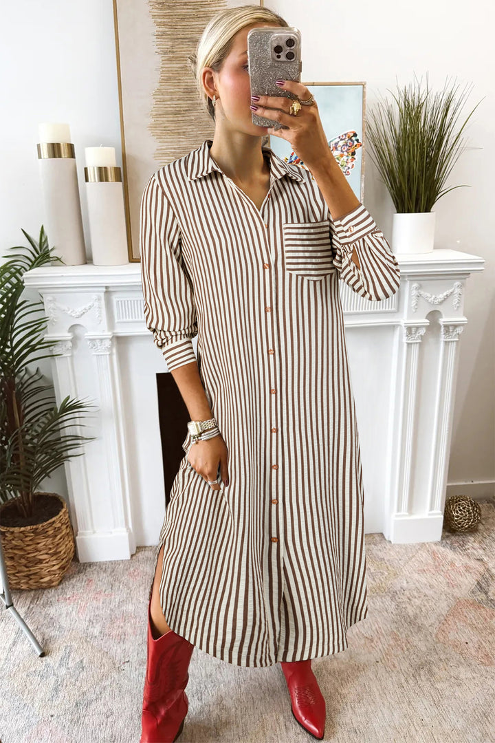 Brown Stripe Textured 3/4 Sleeve Round Hem Split Midi Shirt Dress - Lulubelles Clothing and Accessories