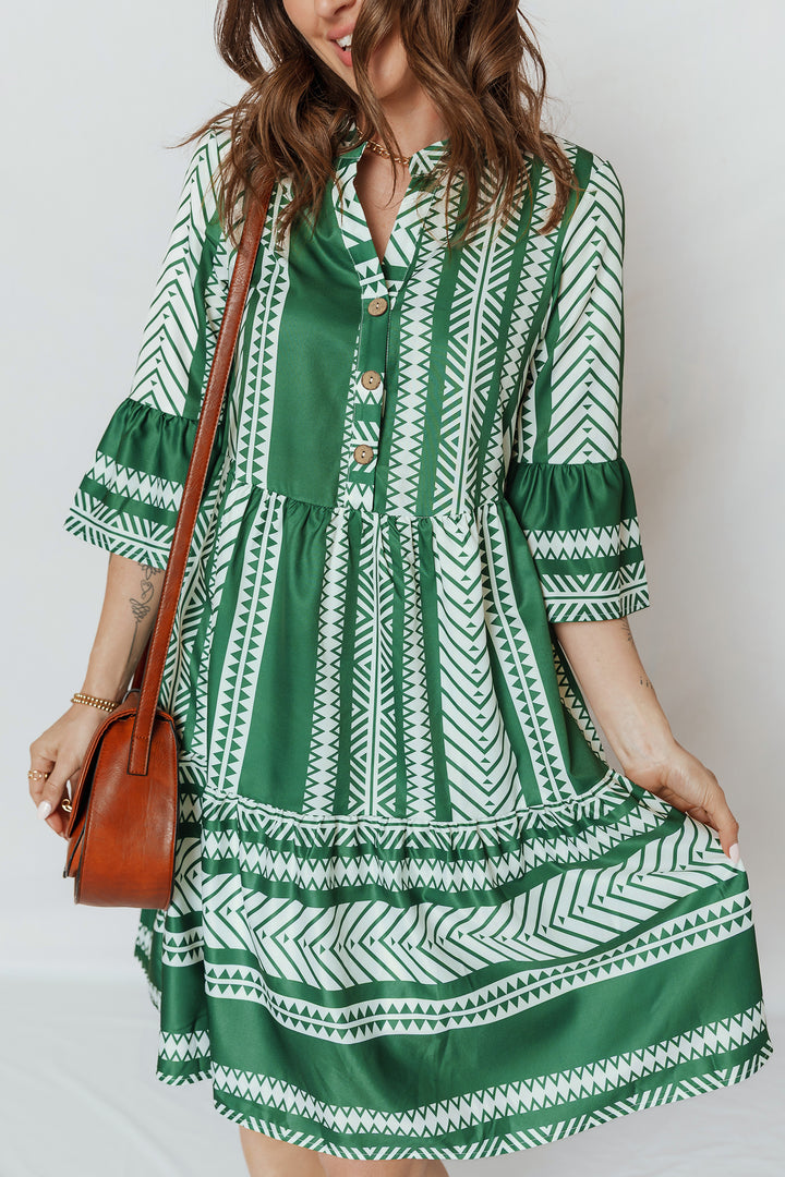 Green Boho Ethnic Print Half Button 3/4 Sleeve Casual Dress - Lulubelles Clothing and Accessories