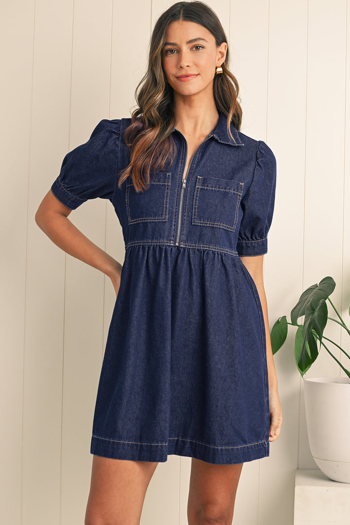 Dirty Blue Puff Sleeve Half Zipper Denim Flowy Dress