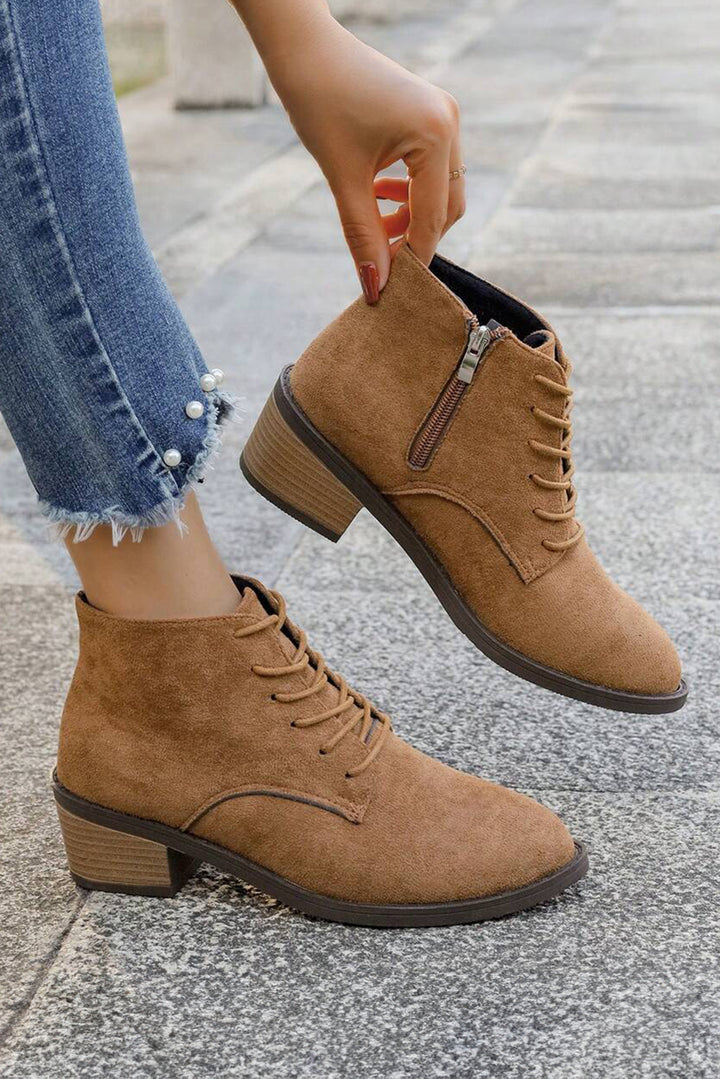 Chestnut Suede Zip Side Lace Up Ankle Boots