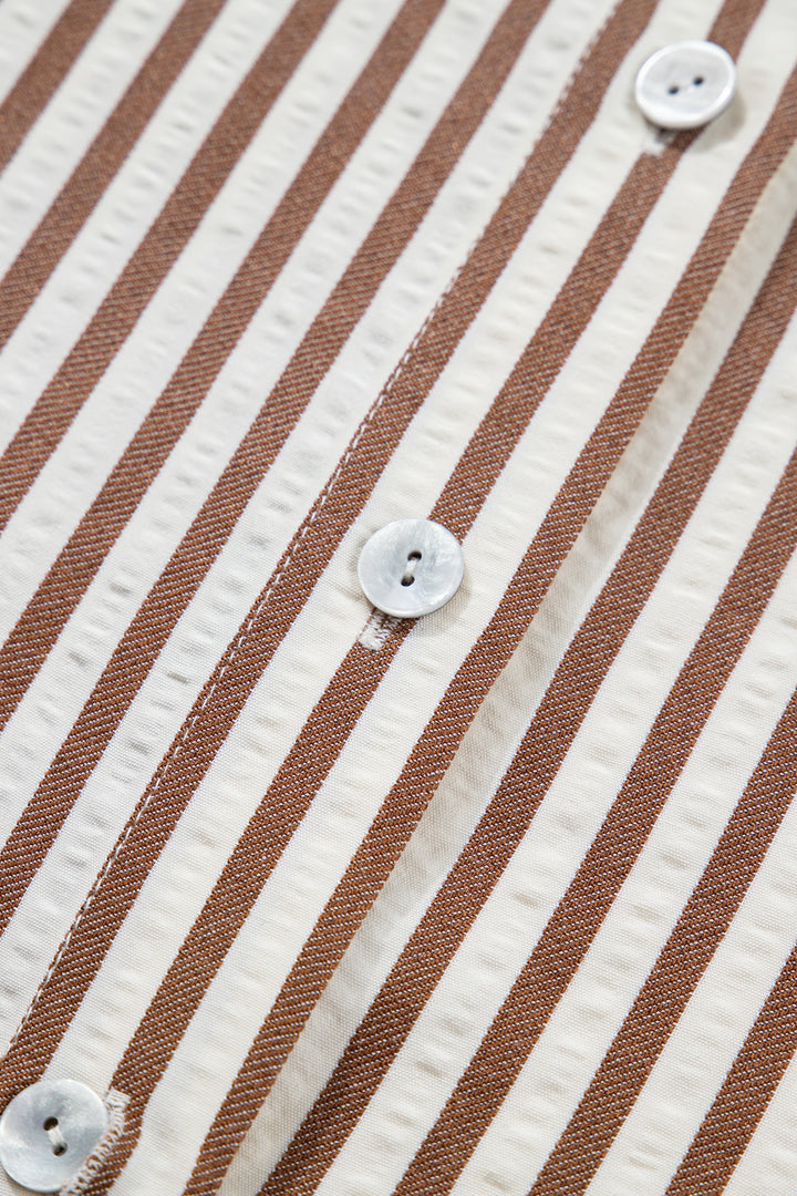 Brown Stripe Knot Waist Puff Sleeve Button Down Mini Shirt Dress - Lulubelles Clothing and Accessories