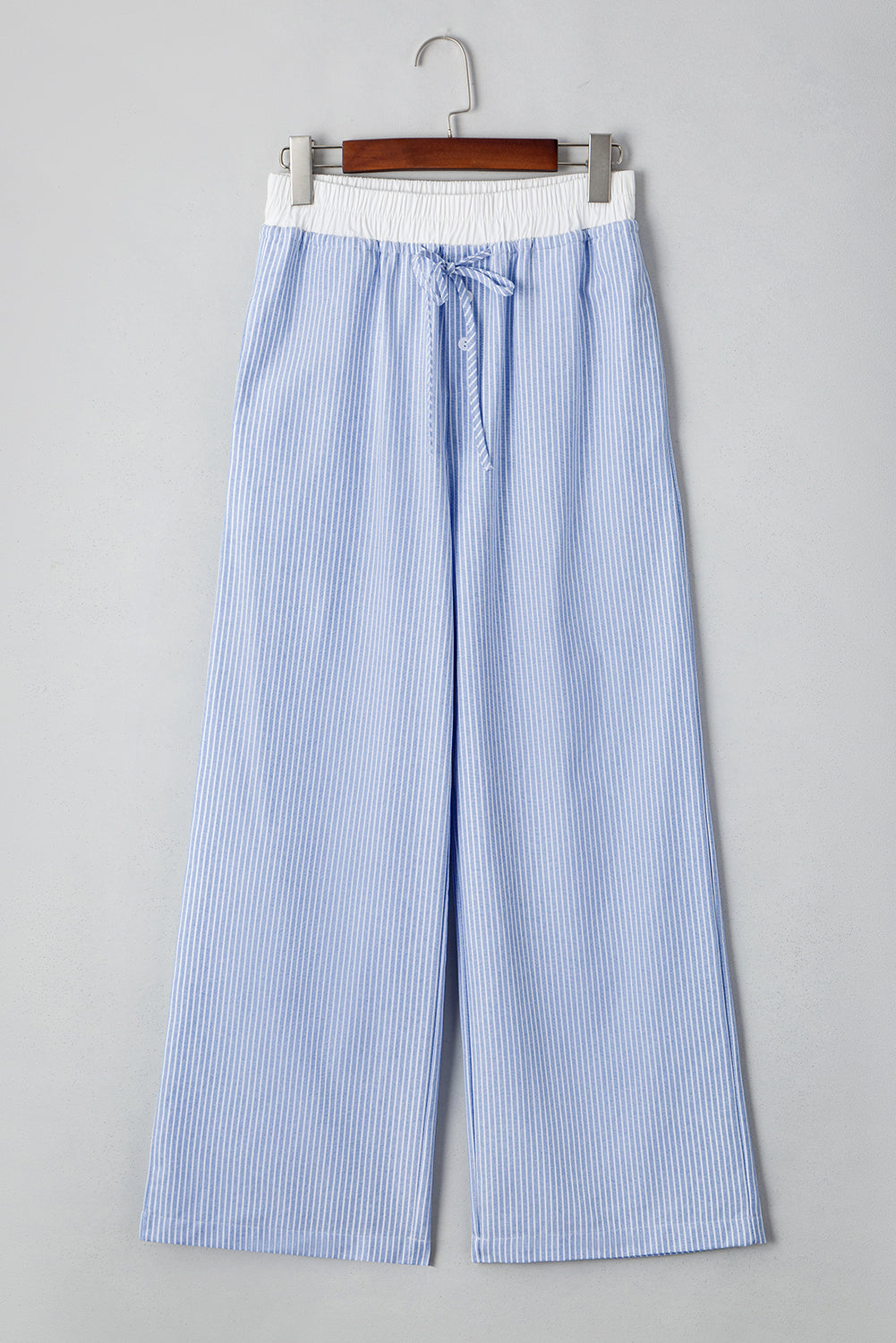 Sky Blue Stripe Drawstring Buttoned High Waist Wide Leg Pants