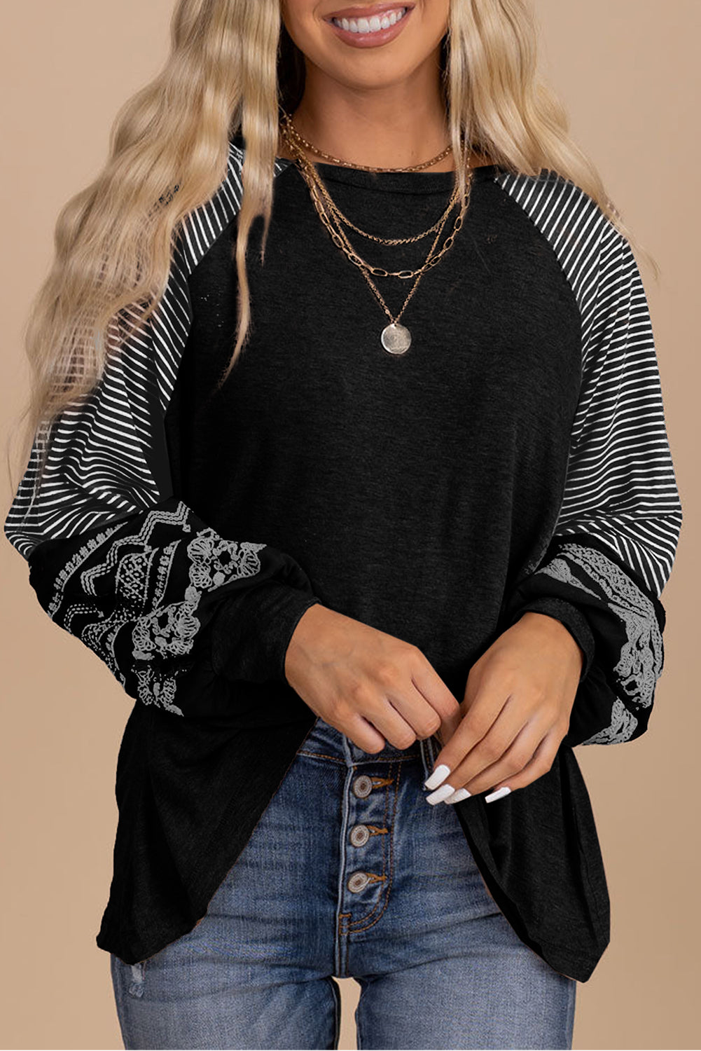Navy Blue Contrast Print Striped Raglan Long Sleeve Loose Top