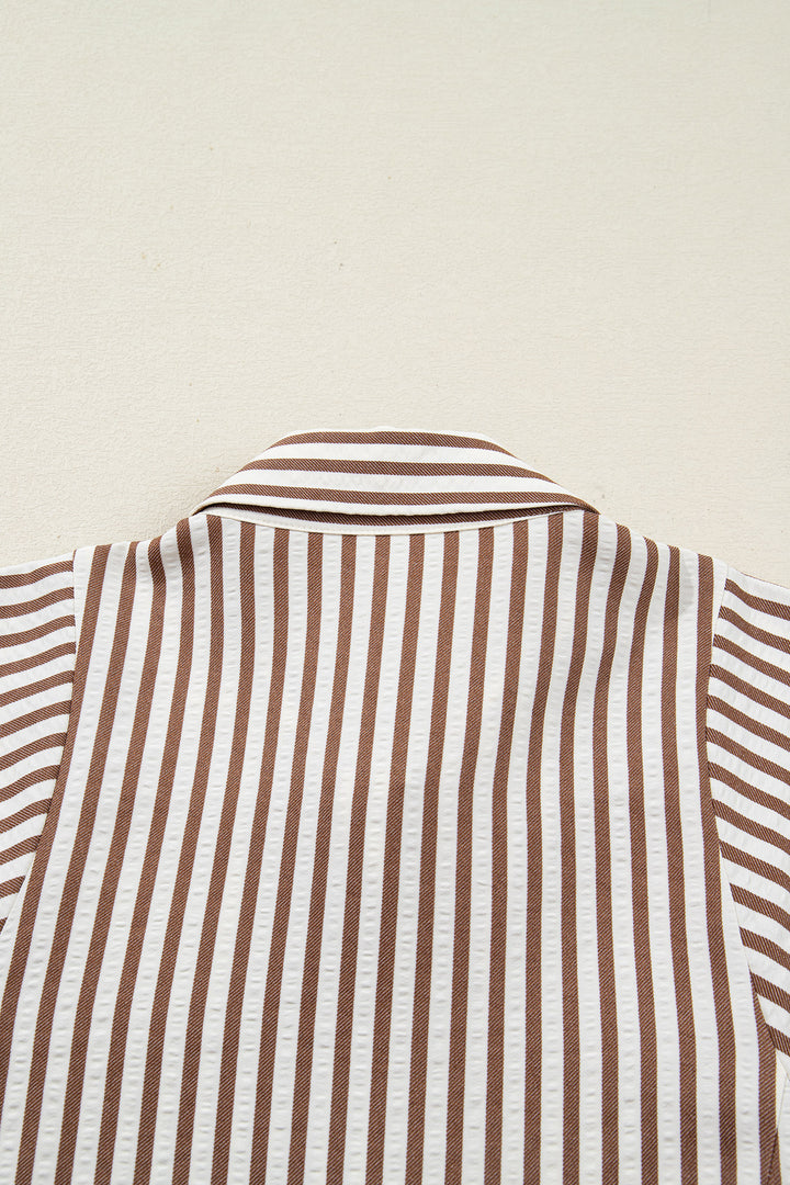 Brown Stripe Knot Waist Puff Sleeve Button Down Mini Shirt Dress - Lulubelles Clothing and Accessories