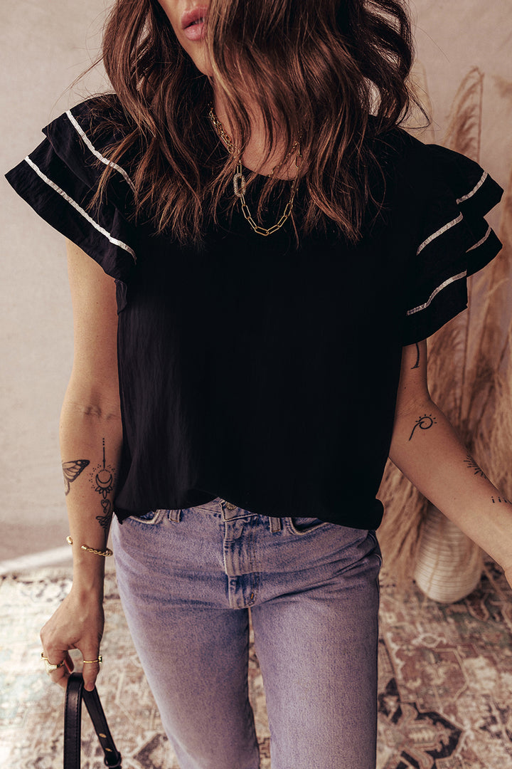 Black Contrast Trim Dual Ruffle Short Sleeve Textured Blouse - Lulubelles Clothing and Accessories