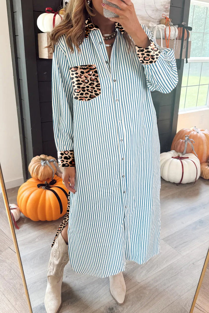 Sky Blue Stripe Contrast Leopard Patchwork Long Shirt Dress with Slits - Lulubelles Clothing and Accessories