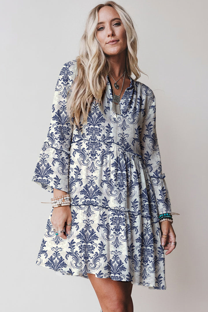 Sky Blue Boho Floral Print Lettuce Trim 3/4 Sleeve Mini Dress - Lulubelles Clothing and Accessories