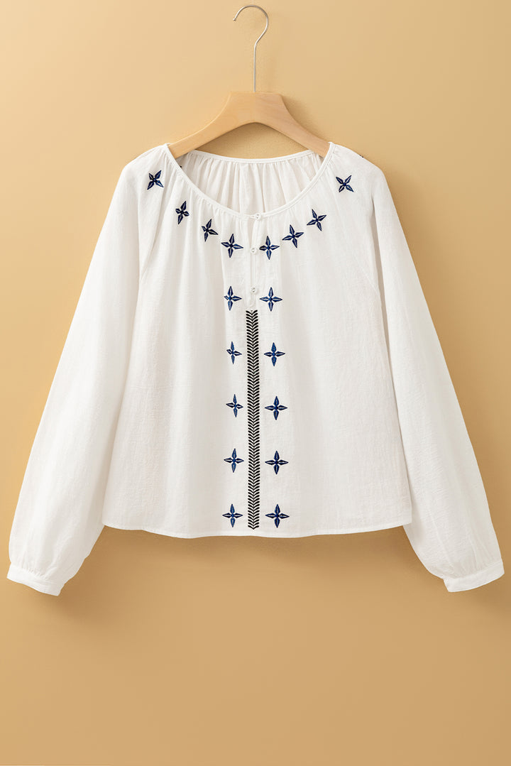 White Geometric Embroidered Crinkle Button Blouse