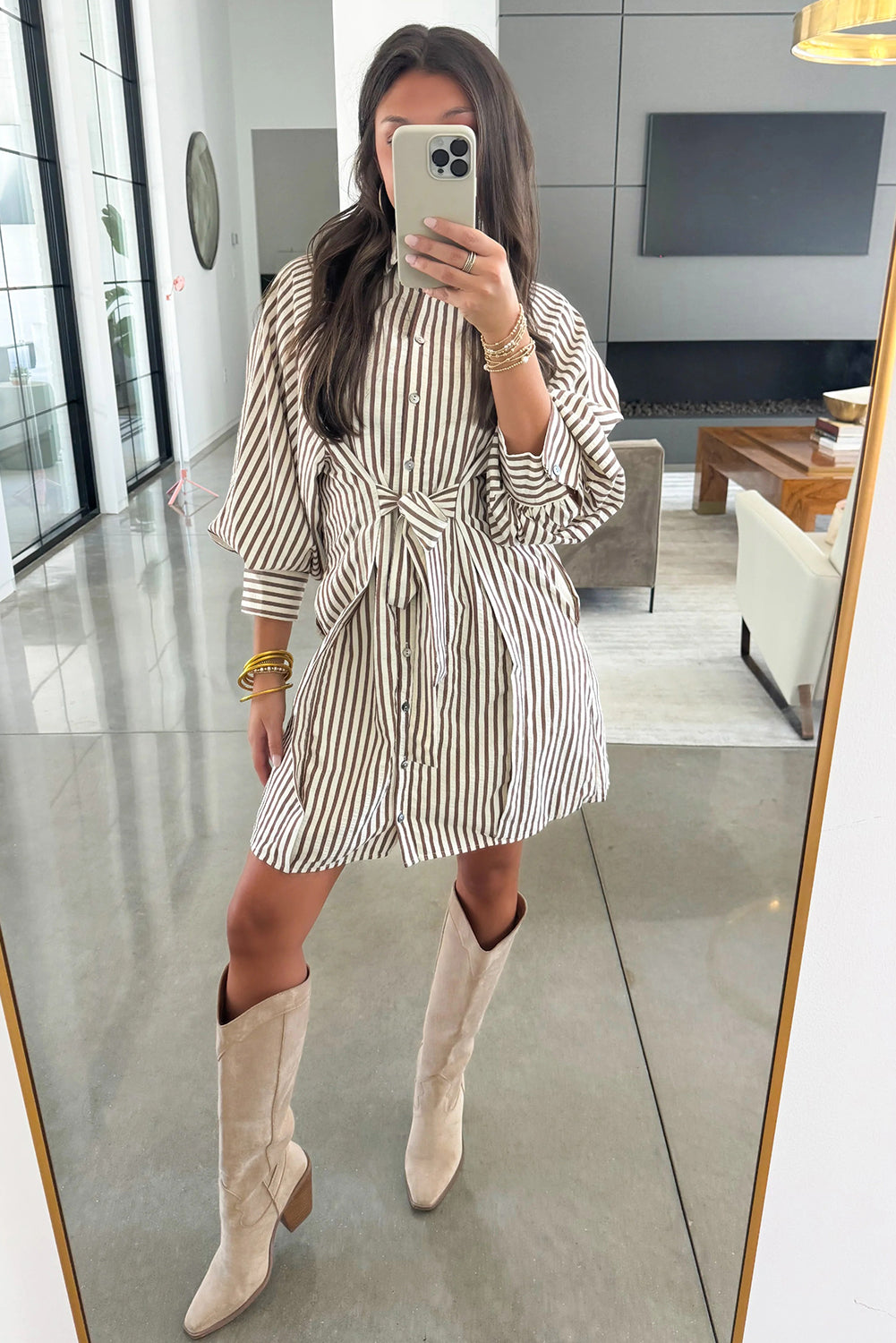 Brown Stripe Knot Waist Puff Sleeve Button Down Mini Shirt Dress - Lulubelles Clothing and Accessories