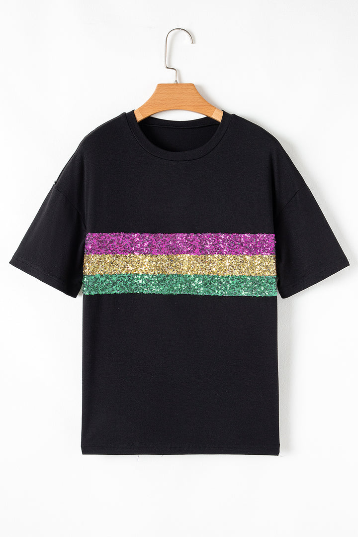 Black Colorblock Sequin Mardi Gras Crewneck T Shirt