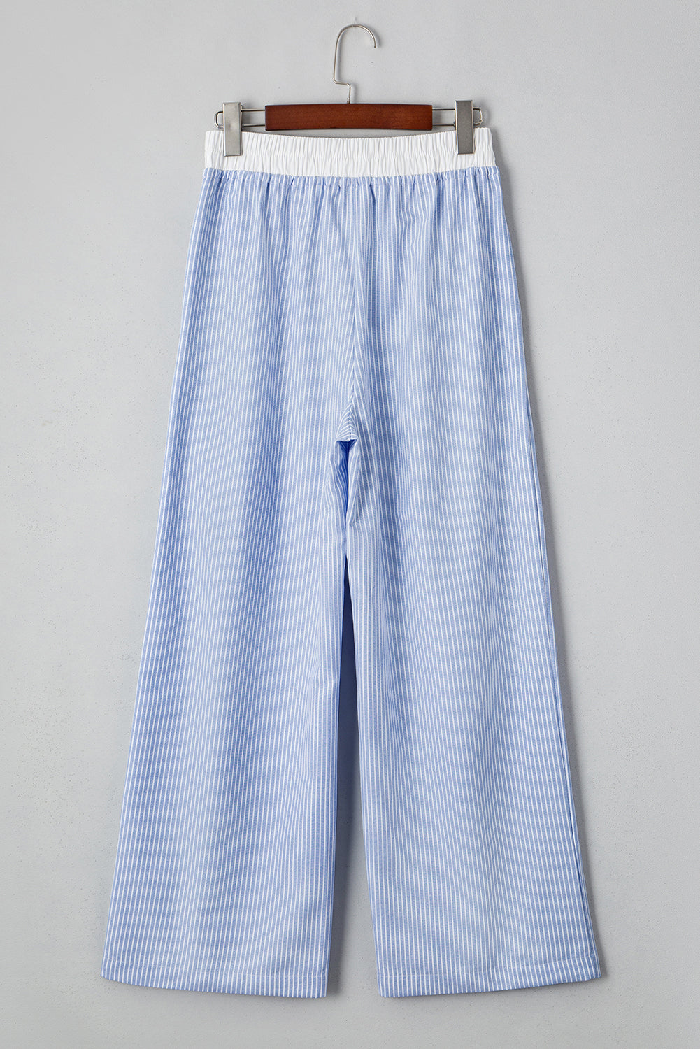 Sky Blue Stripe Drawstring Buttoned High Waist Wide Leg Pants