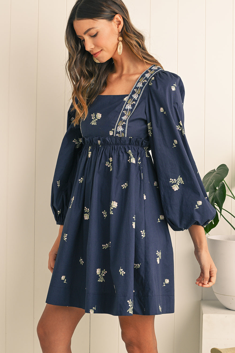 Blue Floral Print Puff Sleeve Babydoll Dress