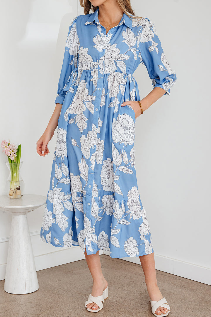 Sky Blue Floral Print Shirt Collar Button Down 3/4 Sleeve Ruffle Hem Long Dress - Lulubelles Clothing and Accessories
