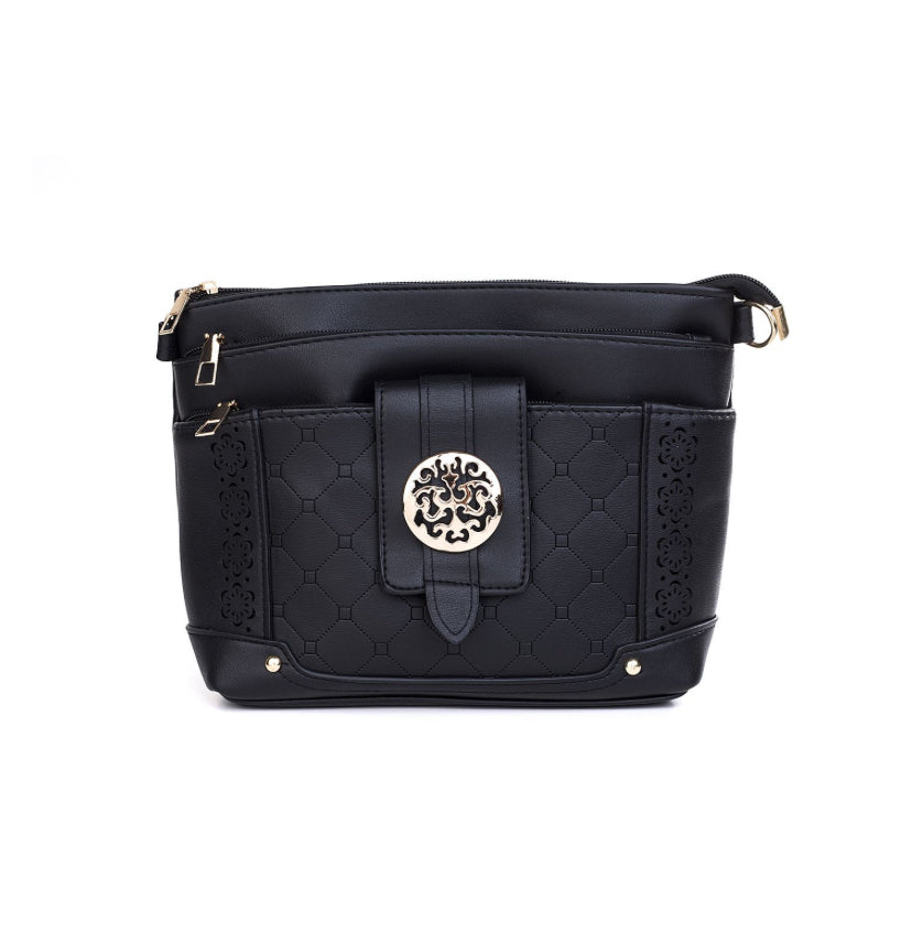 Black engraved crossbody bag with strap