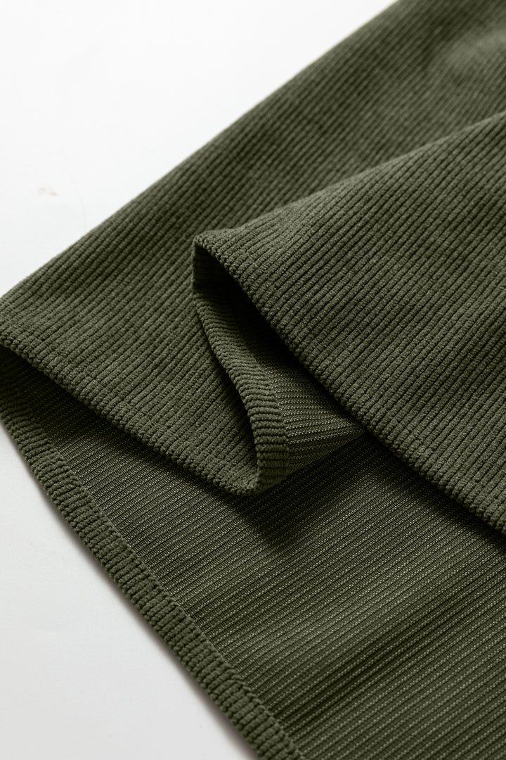 Moss Green Bracelet Sleeve Split Neck Scallop Detail Pleated Corduroy Mini Dress - Lulubelles Clothing and Accessories