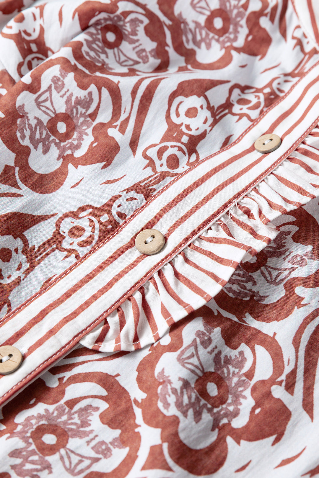 Floral Print Frilled Striped Trim Button Down Smocked Cuffs Long Sleeve Shirt