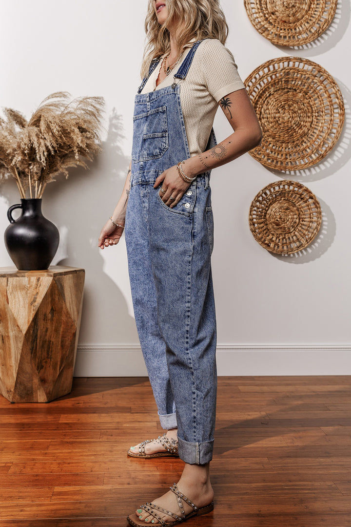 Sail Blue Denim Bib Straight Leg Jumpsuit with Pockets - Lulubelles Clothing and Accessories