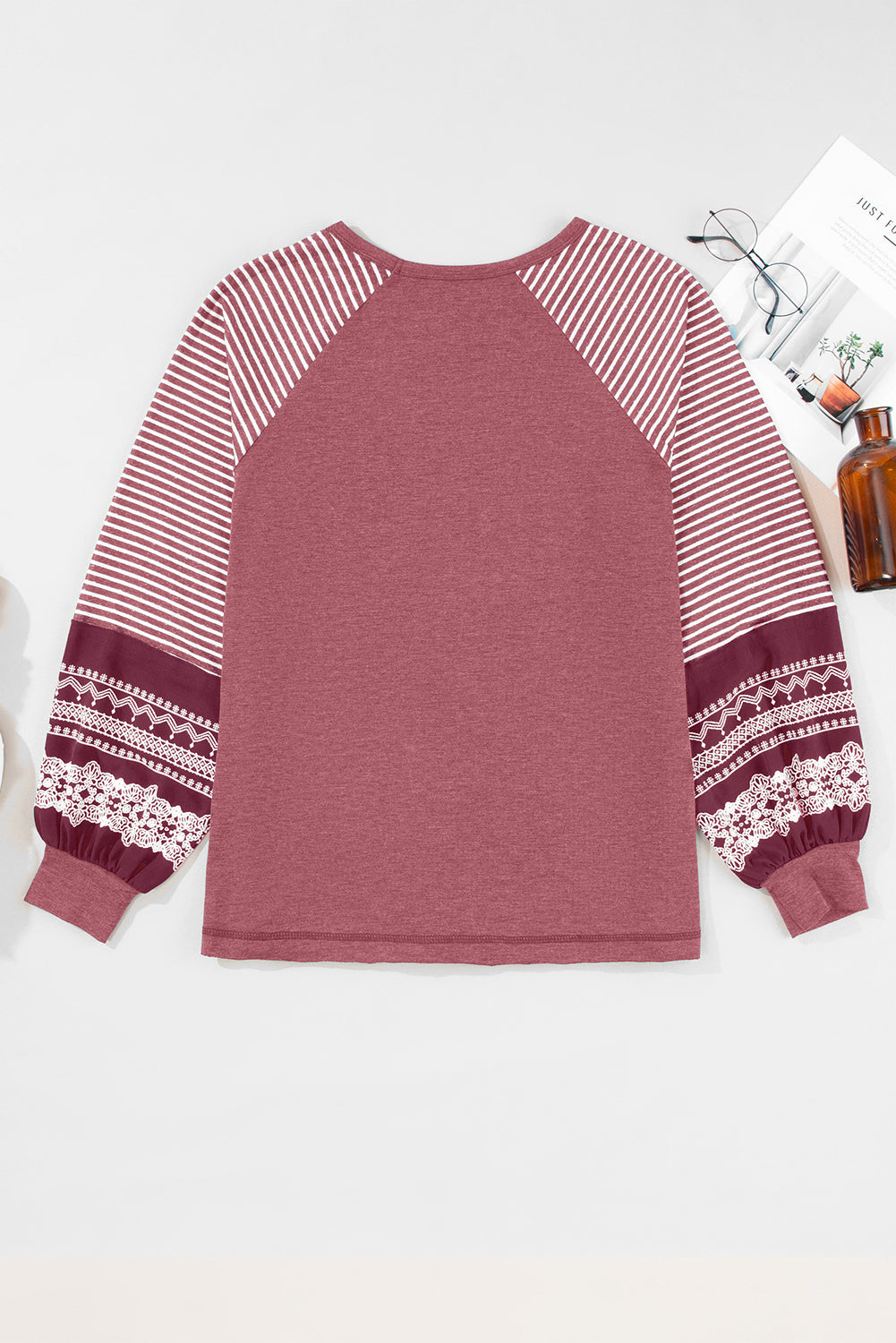 Navy Blue Contrast Print Striped Raglan Long Sleeve Loose Top