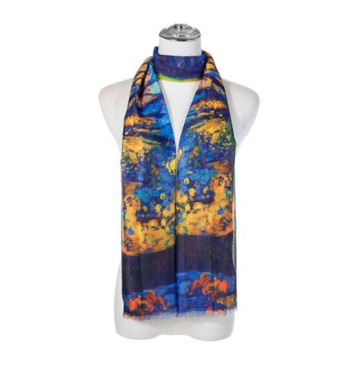 Blue Yellow Artistic Tree Scene Scarf