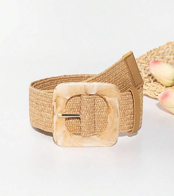 Beige Square Wooden Elasticated Belt