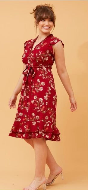 Ravina Red Floral Empire Line Midi Dress