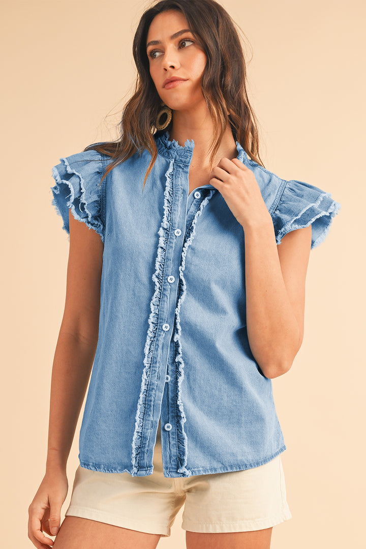 Beau Blue Button Front Ruffled Flutter Frayed Denim Top