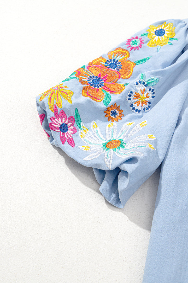 Clearly Aqua Floral Embroidered Puff Sleeve Split Neck Blouse