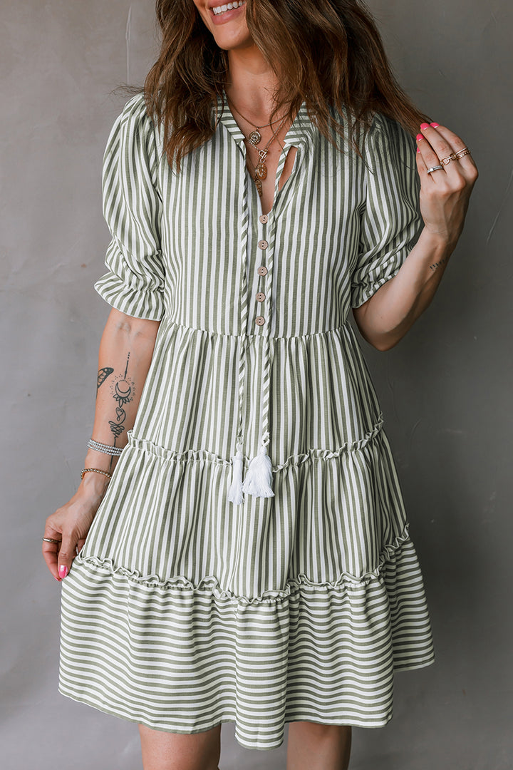 Green Stripe Tasseled Tie Neck Ruffled Short Sleeve Tiered Flattering Dress - Lulubelles Clothing and Accessories