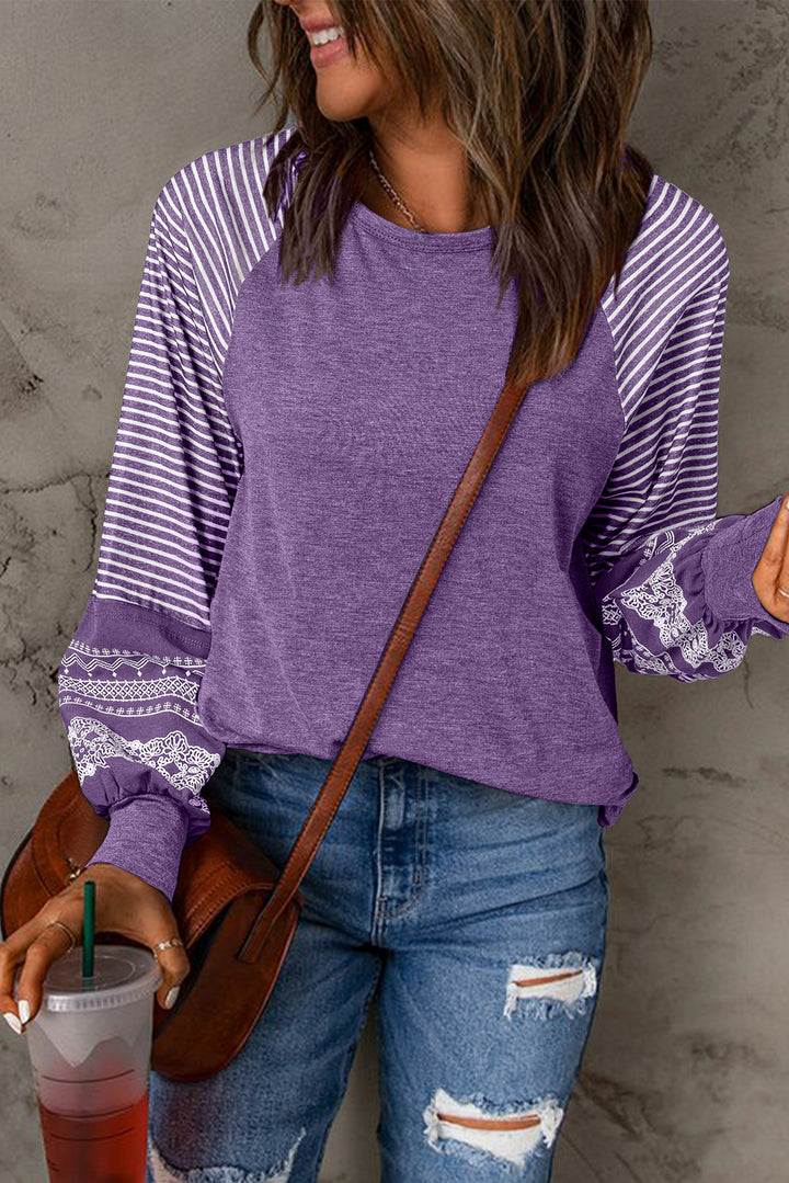 Navy Blue Contrast Print Striped Raglan Long Sleeve Loose Top