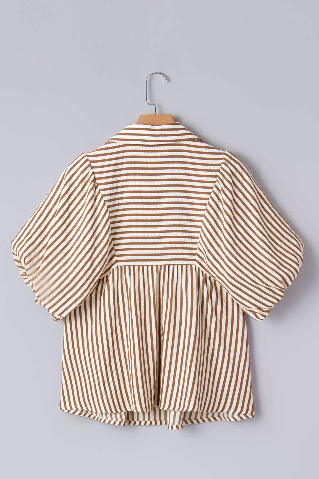 Brown Stripe Shirred V Neck Short Puff Sleeve Blouse - Lulubelles Clothing and Accessories