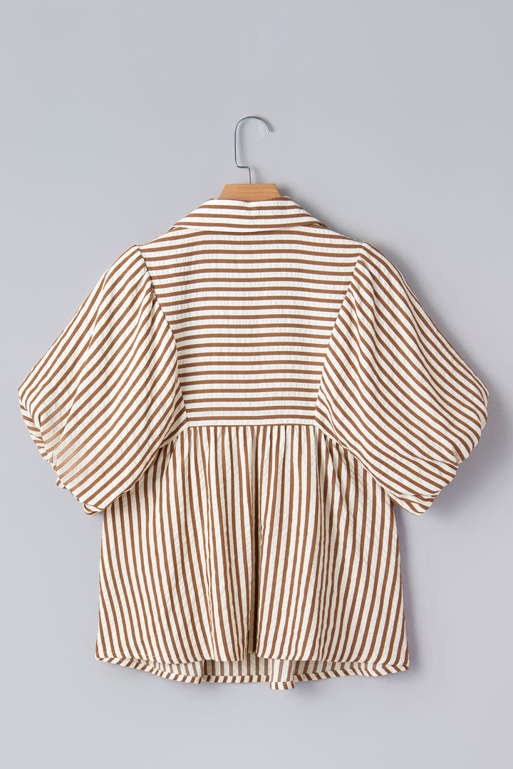 Brown Stripe Shirred V Neck Short Puff Sleeve Blouse - Lulubelles Clothing and Accessories