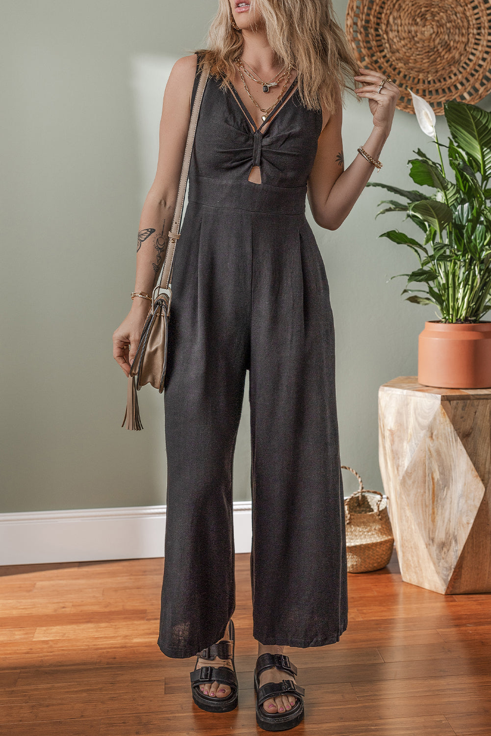 Black Front Cut Out Smocked Back Sleeveless Wide Leg Jumpsuit