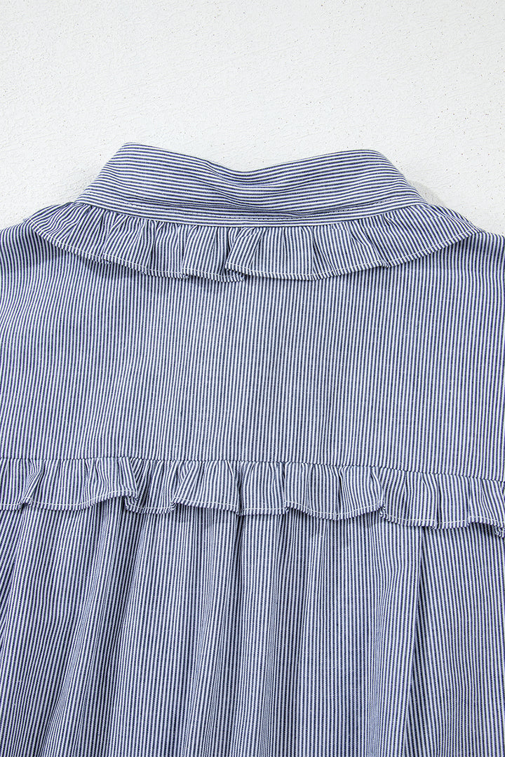 Blue Stripe Frilled Sleeveless Collar Front Pocket Button Up Mini Dress