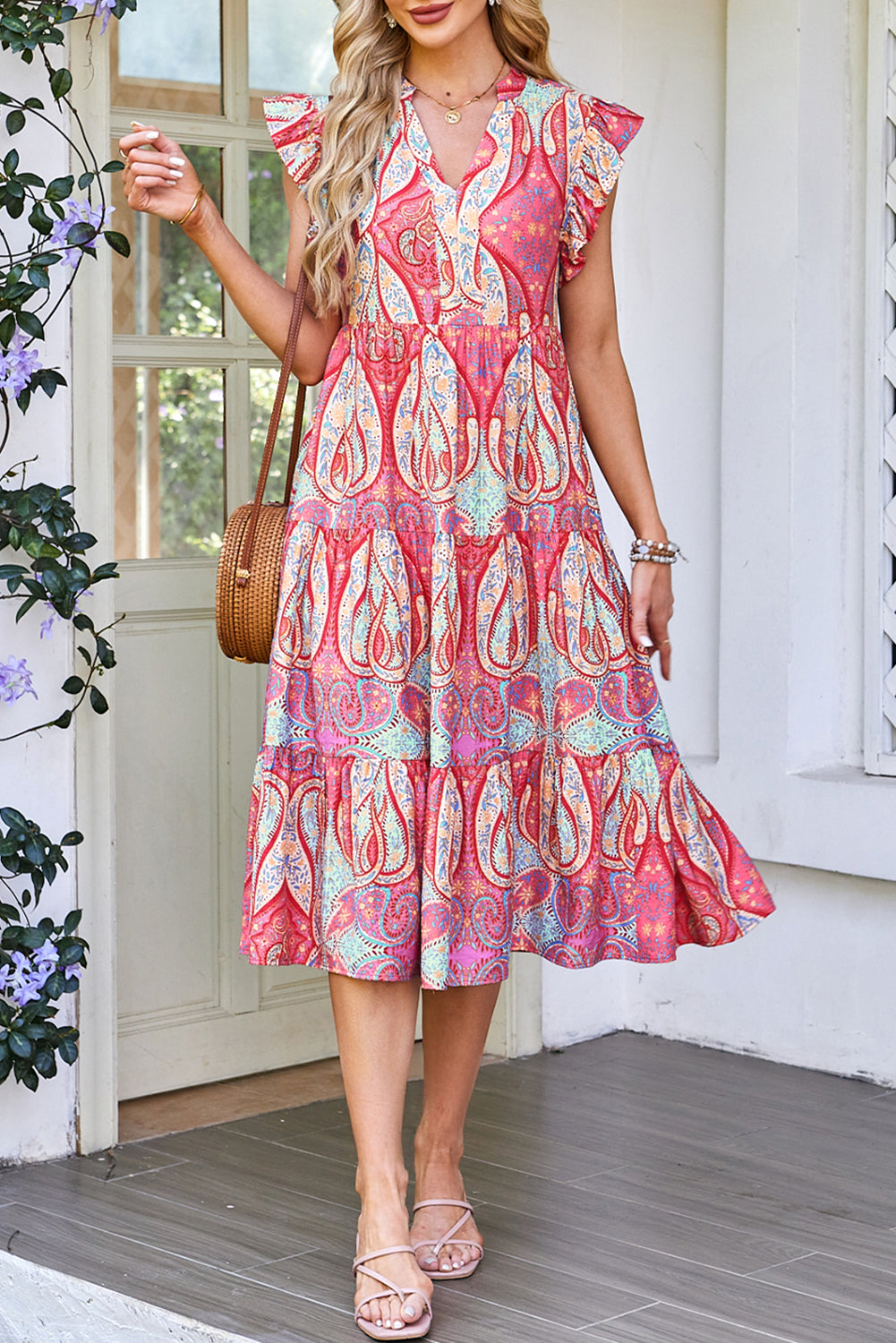 Rose Tribal Paisley Print Ruffled Sleeve Notch Neck Midi Dress - Lulubelles Clothing and Accessories
