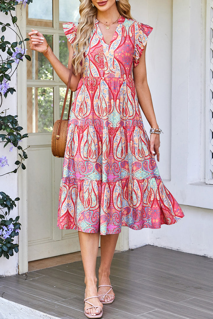 Rose Tribal Paisley Print Ruffled Sleeve Notch Neck Midi Dress - Lulubelles Clothing and Accessories