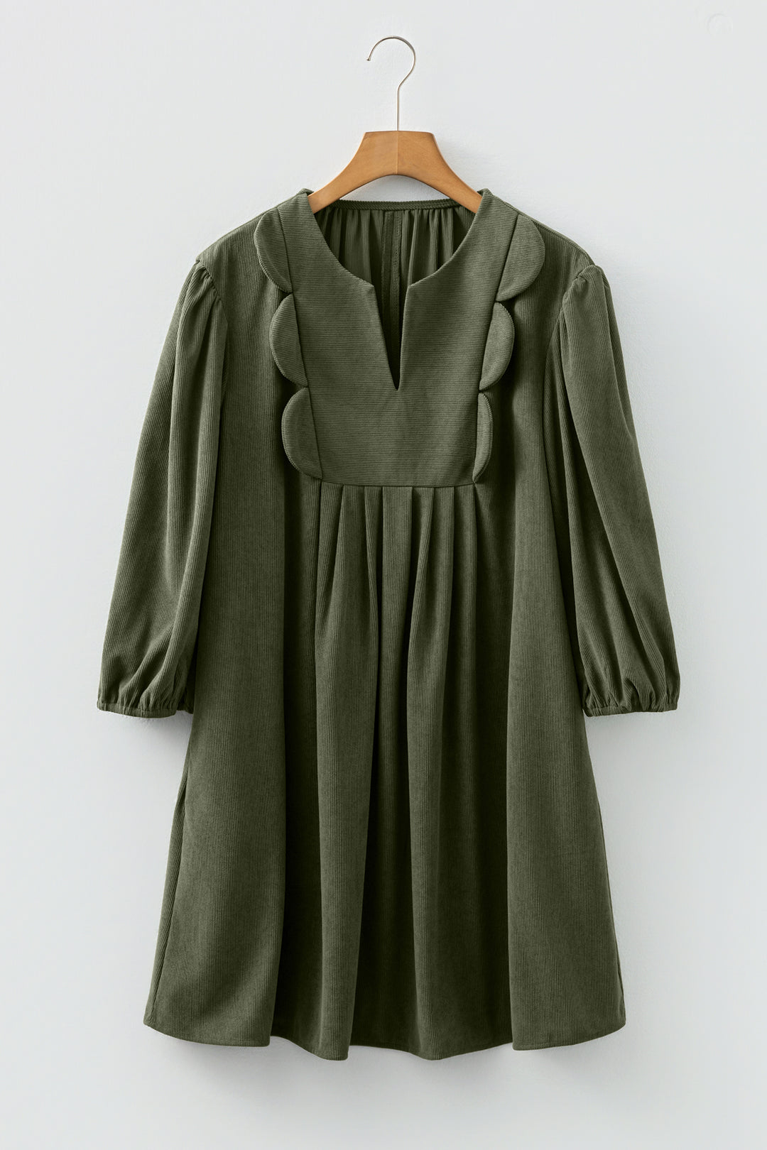 Moss Green Bracelet Sleeve Split Neck Scallop Detail Pleated Corduroy Mini Dress - Lulubelles Clothing and Accessories