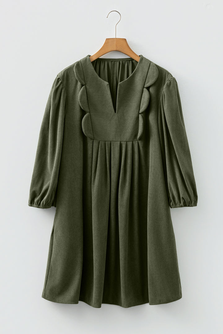 Moss Green Bracelet Sleeve Split Neck Scallop Detail Pleated Corduroy Mini Dress - Lulubelles Clothing and Accessories
