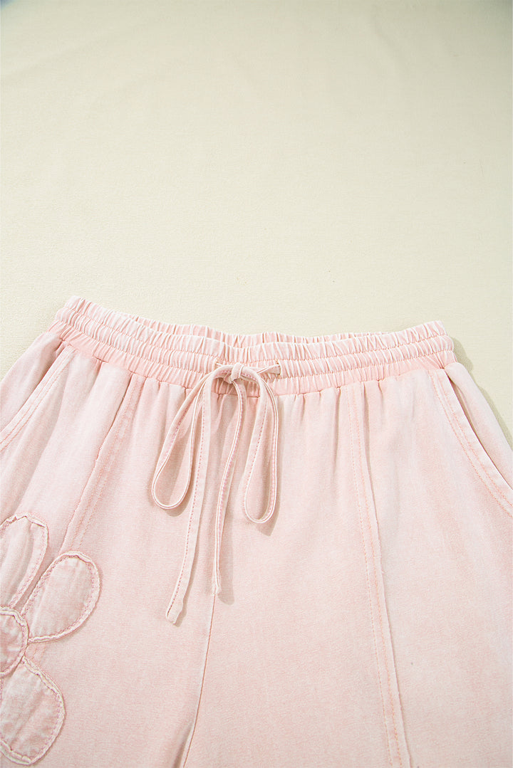 Pink Flower Patch Mineral Washed Cropped Wide Leg Pants - Lulubelles Clothing and Accessories