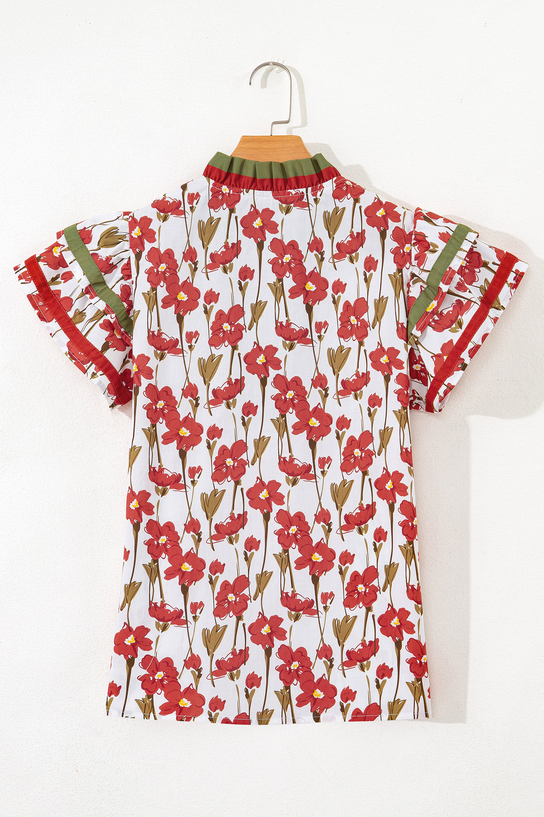Red Floral Print Contrast Trim V Neck Double Ruffled Short Sleeve Blouse - Lulubelles Clothing and Accessories