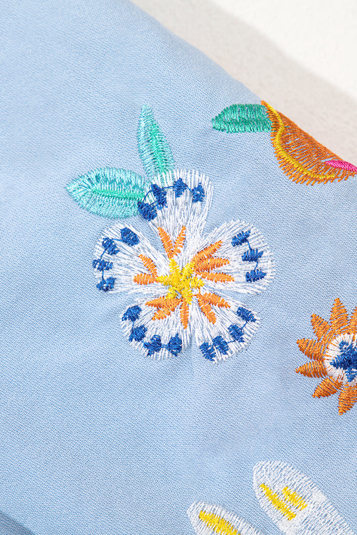 Clearly Aqua Floral Embroidered Puff Sleeve Split Neck Blouse