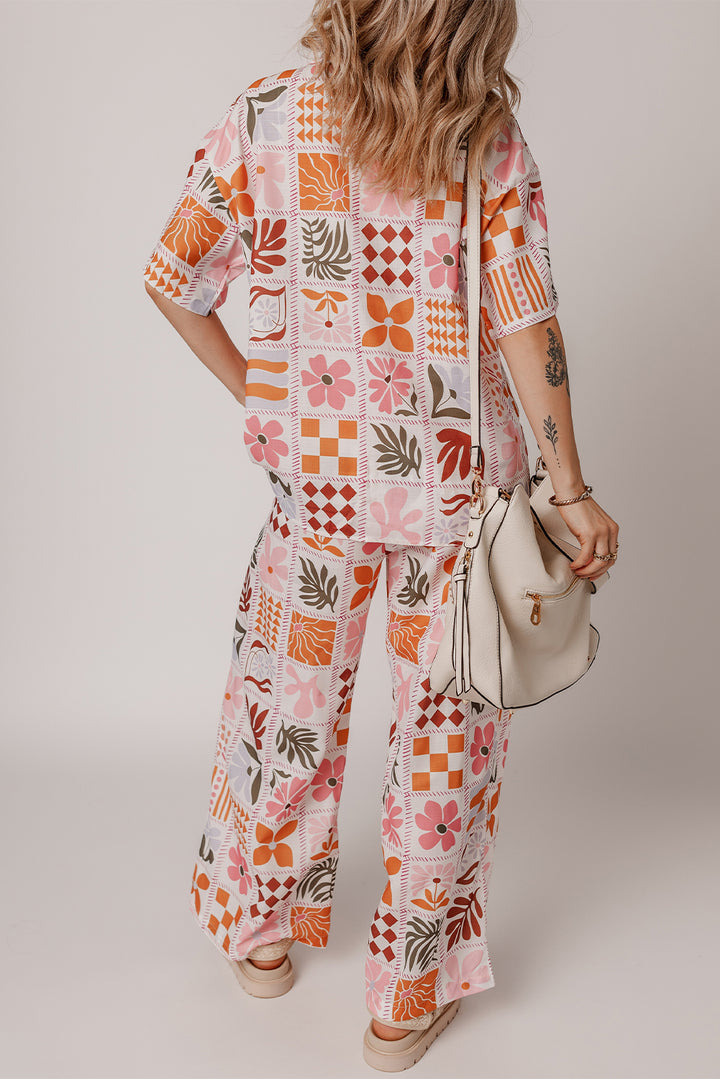 Orange Floral Checkered Print Collared Shirt and Wide Leg Pants Set