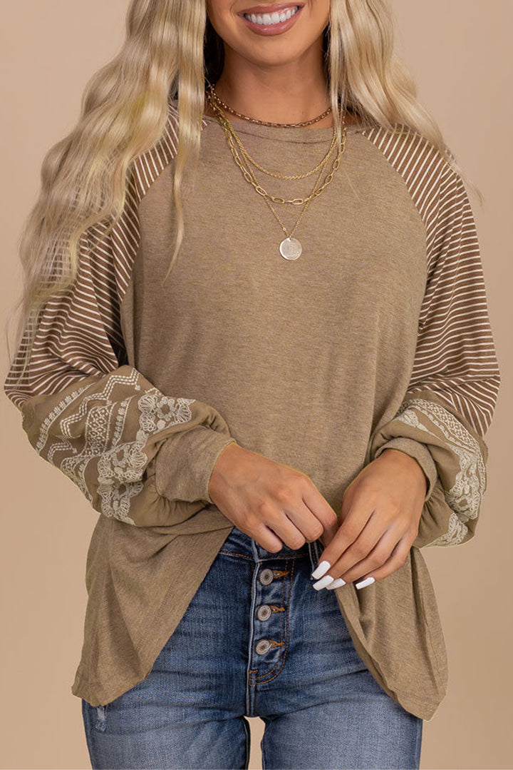 Navy Blue Contrast Print Striped Raglan Long Sleeve Loose Top