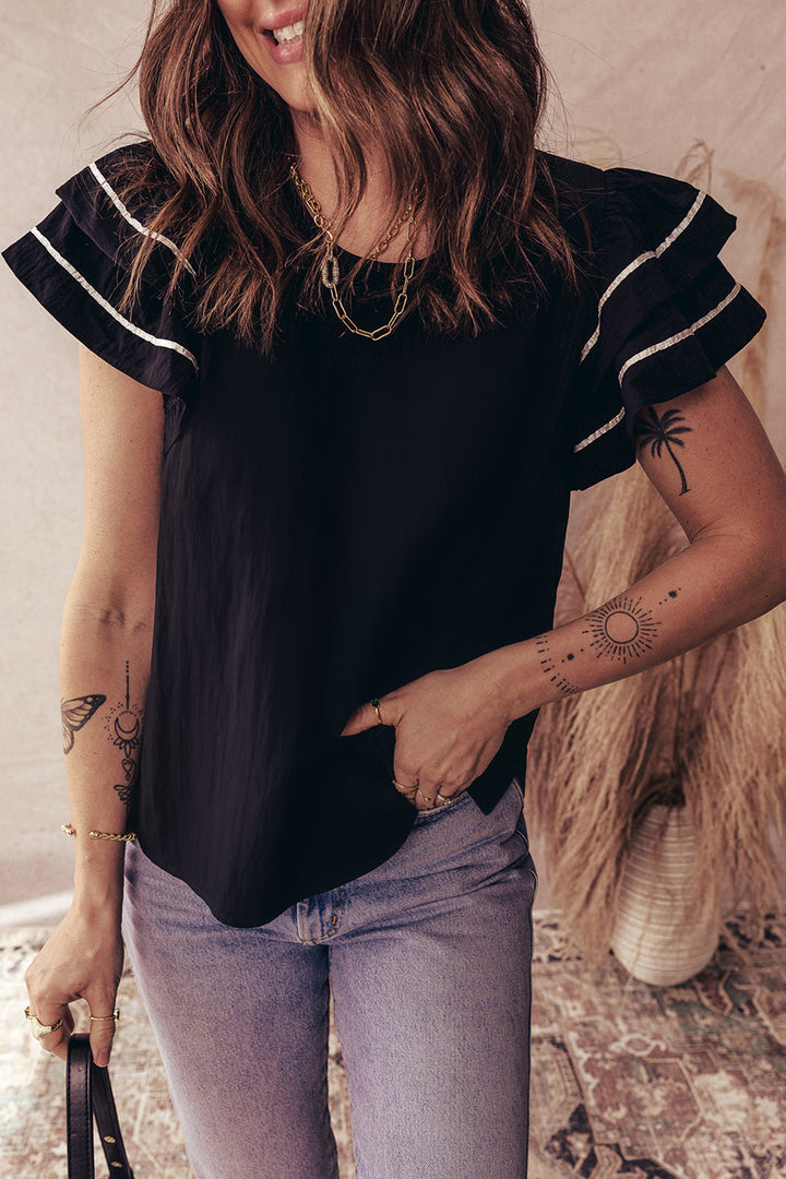 Black Contrast Trim Dual Ruffle Short Sleeve Textured Blouse - Lulubelles Clothing and Accessories