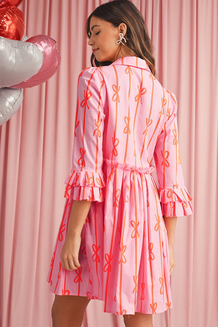 Pink Bowknot Striped Ruffle Mini Shirt Dress