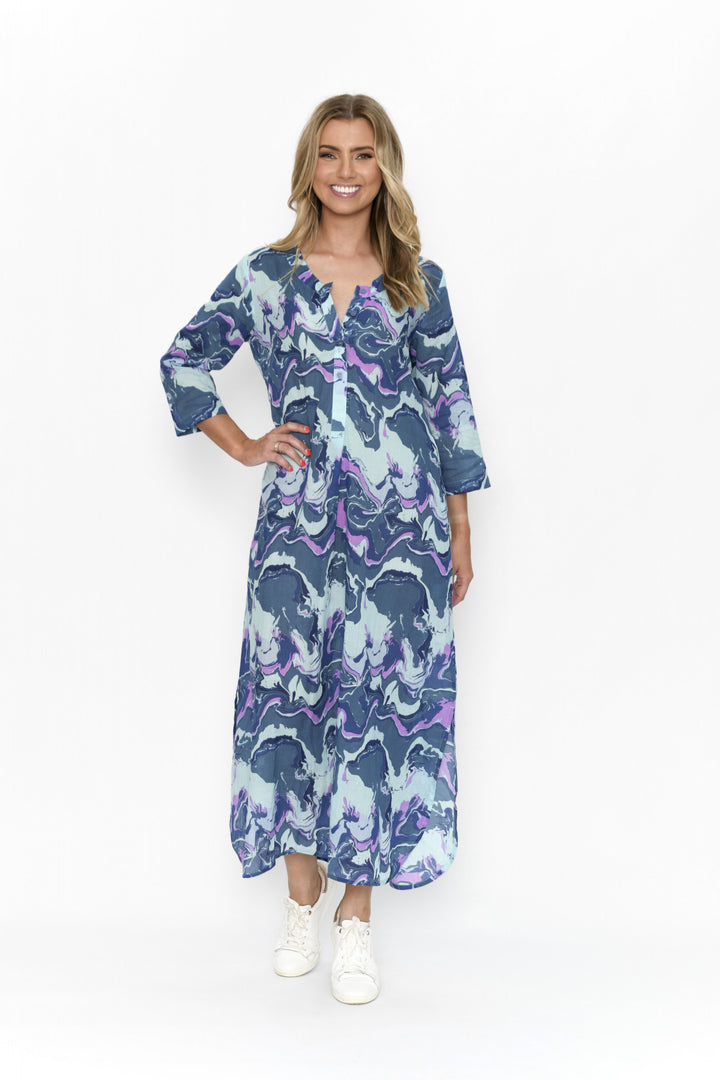 Melina Blue Purple Cotton Shirt Maxi Dress