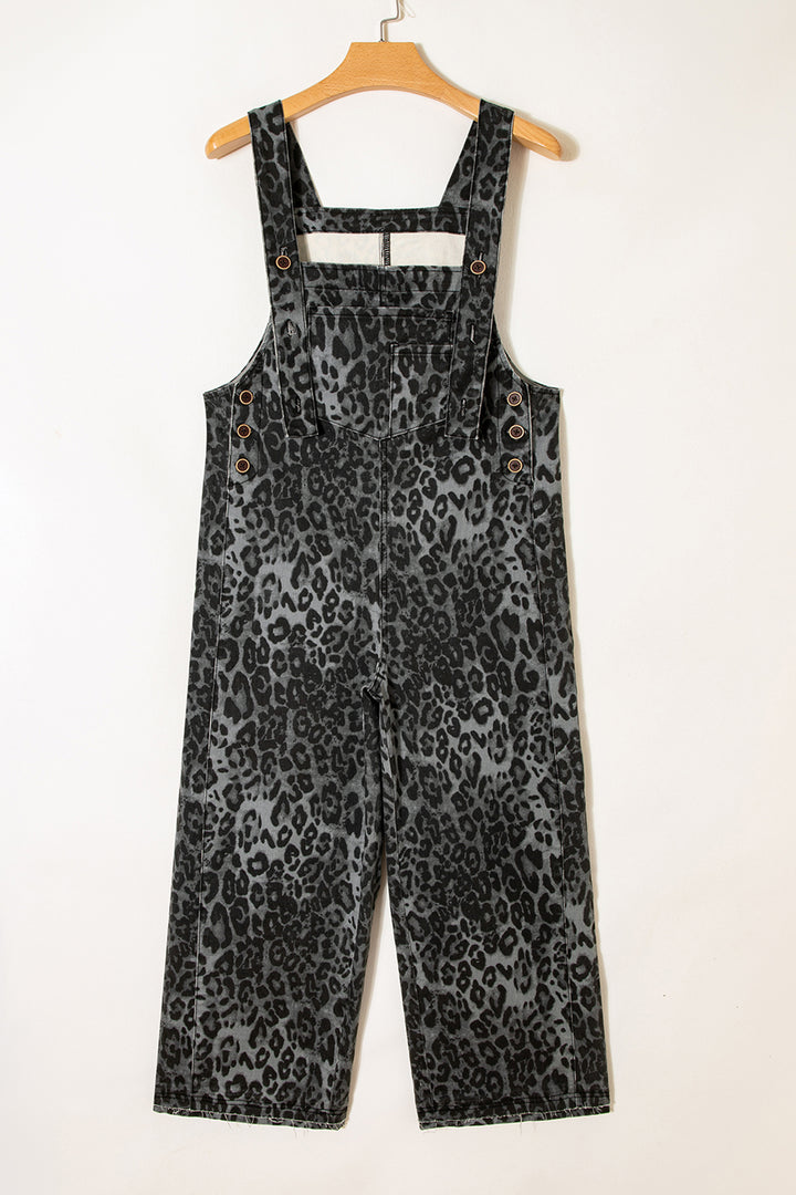 Gray Leopard Print Button Adjustable Straps Cropped Loose Denim Overalls - Lulubelles Clothing and Accessories